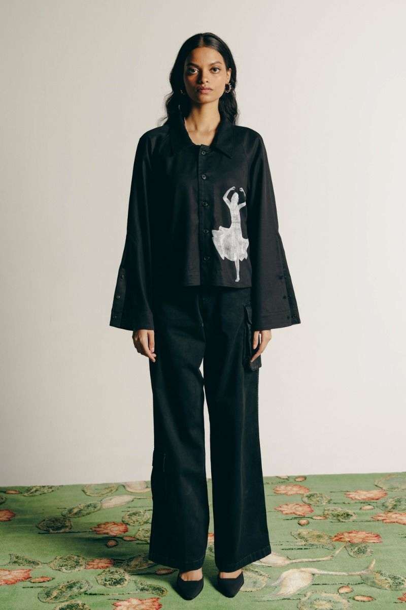 Black White Cotton Tencel Printed Shirt Jacket