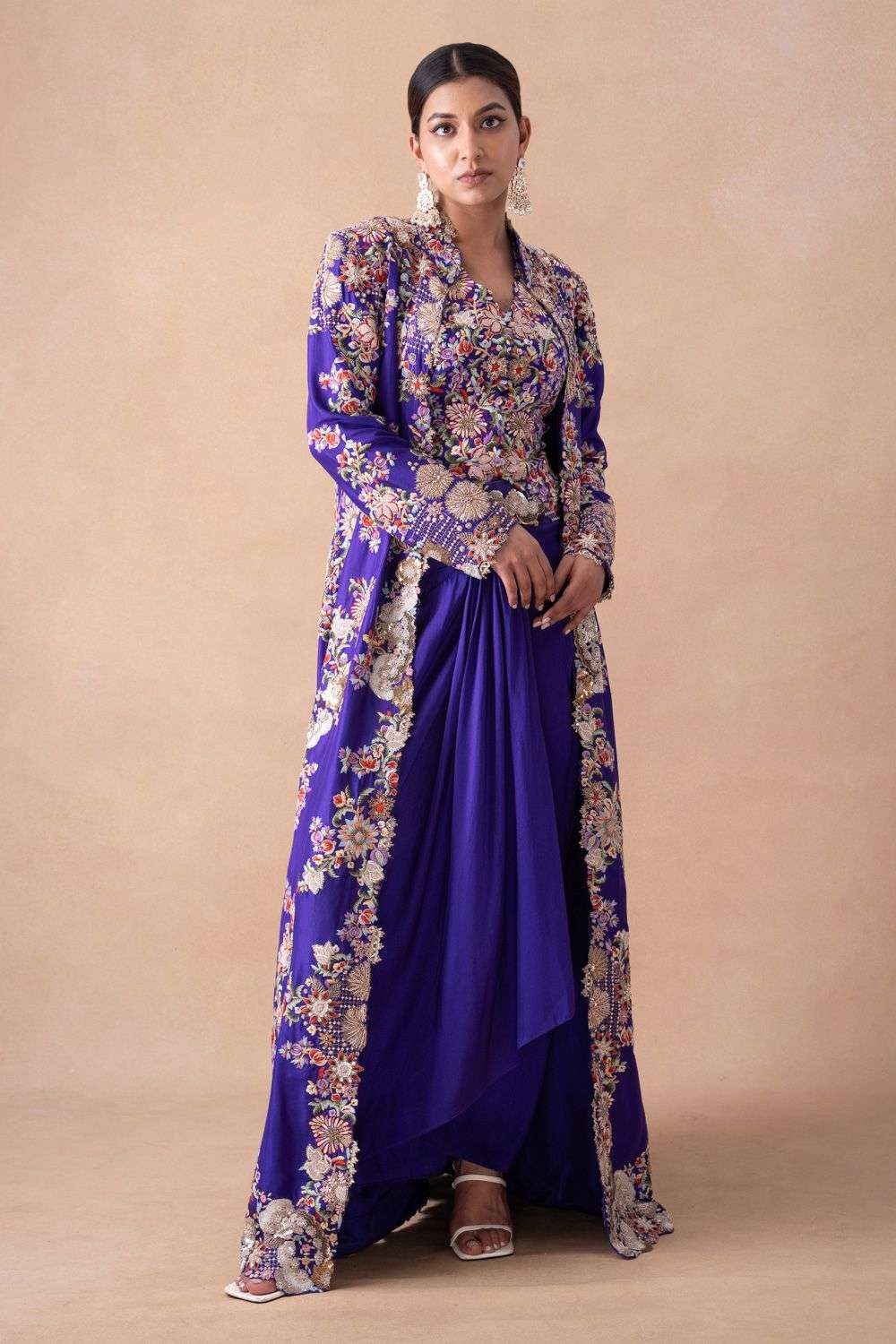 Purple Floral Sequin Embellished Jacket Set