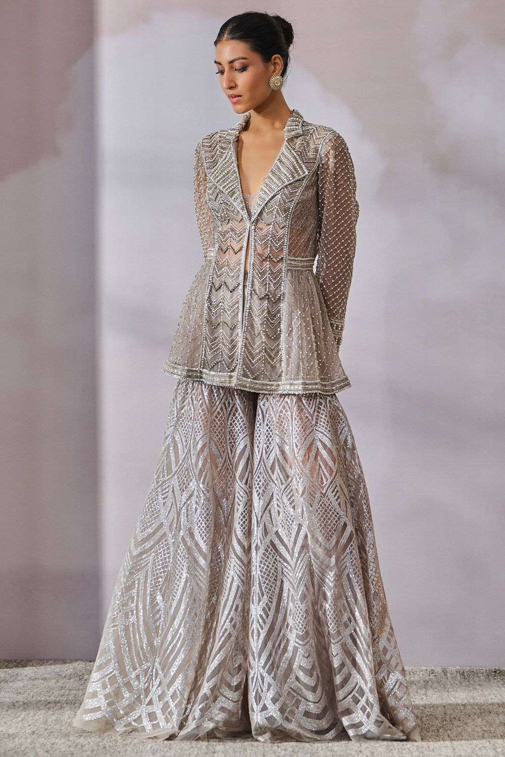 Buy Tarun Tahiliani Soft Silver Silk Dupion & Tulle Jacket Sets