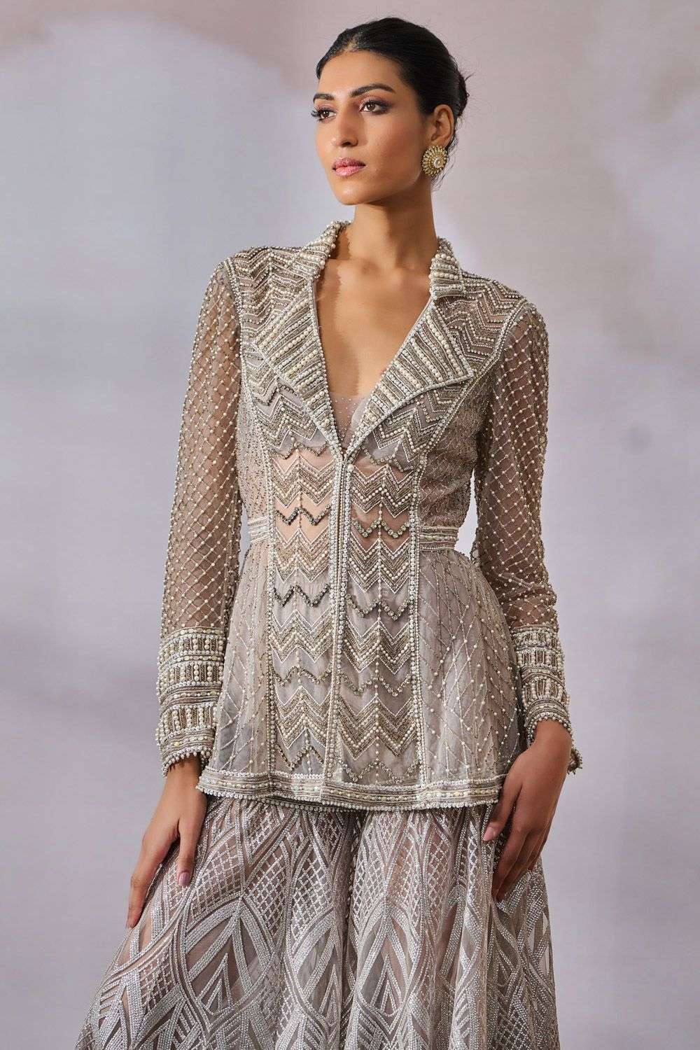 Buy Tarun Tahiliani Soft Silver Silk Dupion & Tulle Jacket Sets
