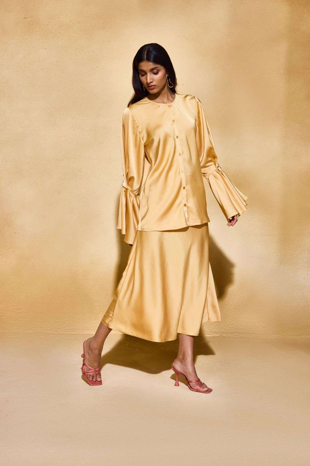 Yellow Satin Skirt Co-ord Set
