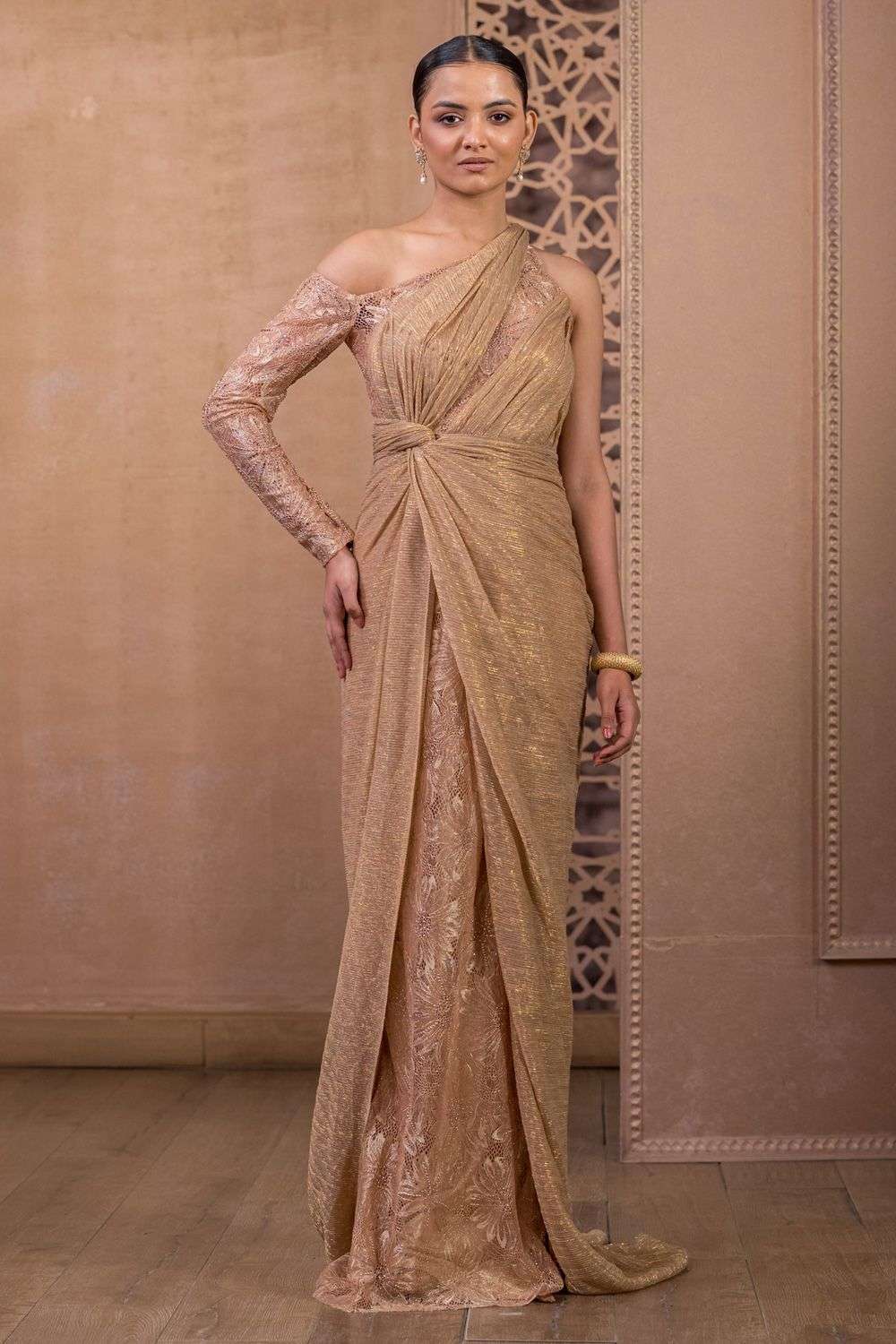 Long Golden One Piece Dress Innovative Yellow Colored Party Wear