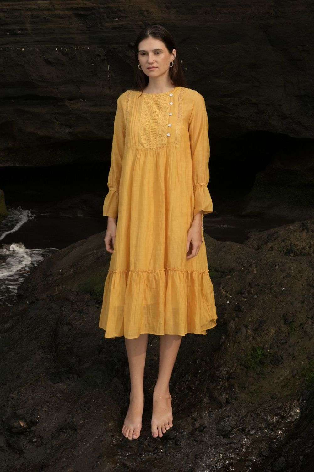 Yellow Chanderi Sea Lace Dress