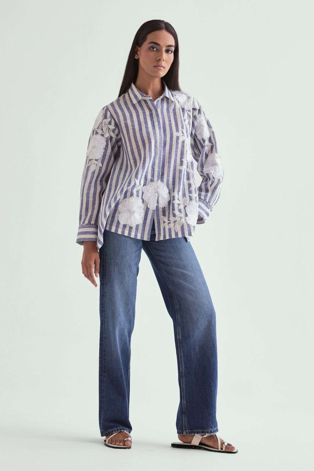 Buy Namrata Joshipura Soft Blue Stripe Linen Floral Cutout