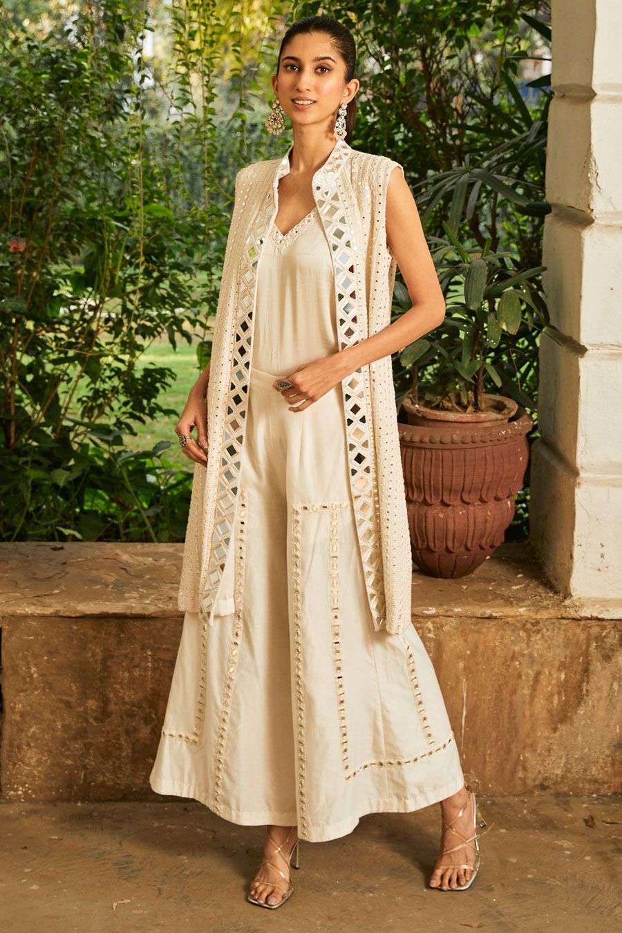 Buy Twenty Nine Soft White Georgette Mirrorwork Outer Wear