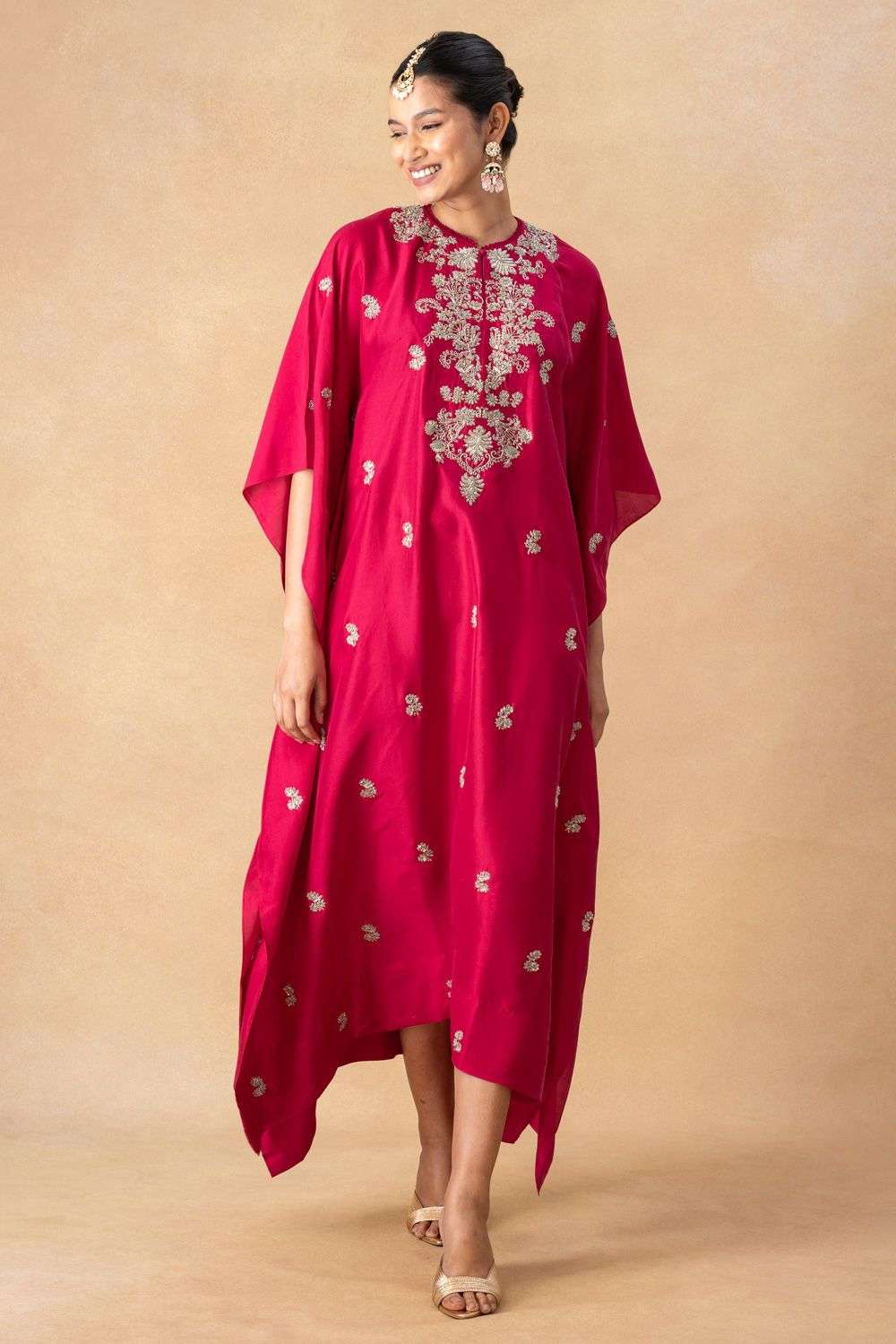Pink rani zardozi work silk kaftan