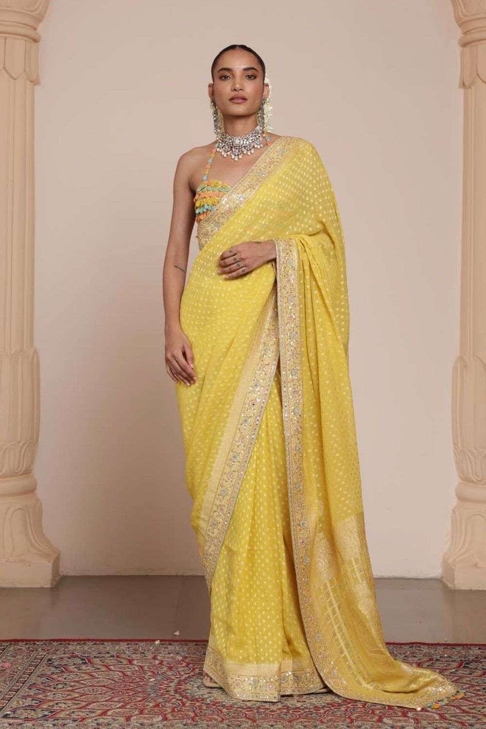 Buy Arpita Mehta Soft Yellow Blouse-Net Saree-Georgette Bandhani