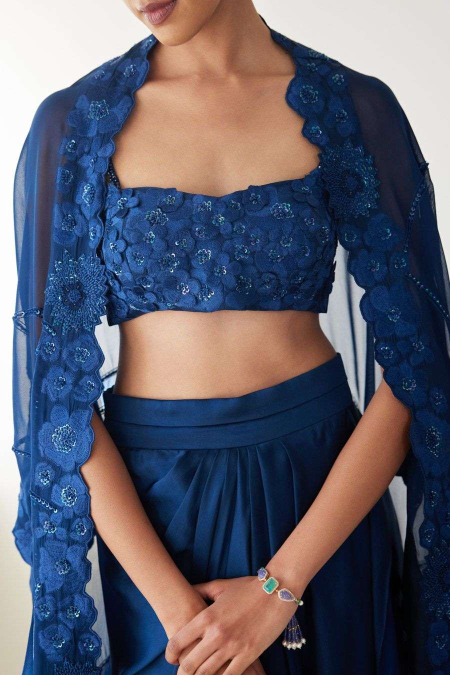 Buy Mishru Soft Blue Cape - organza crop top - chanderi silk skirt