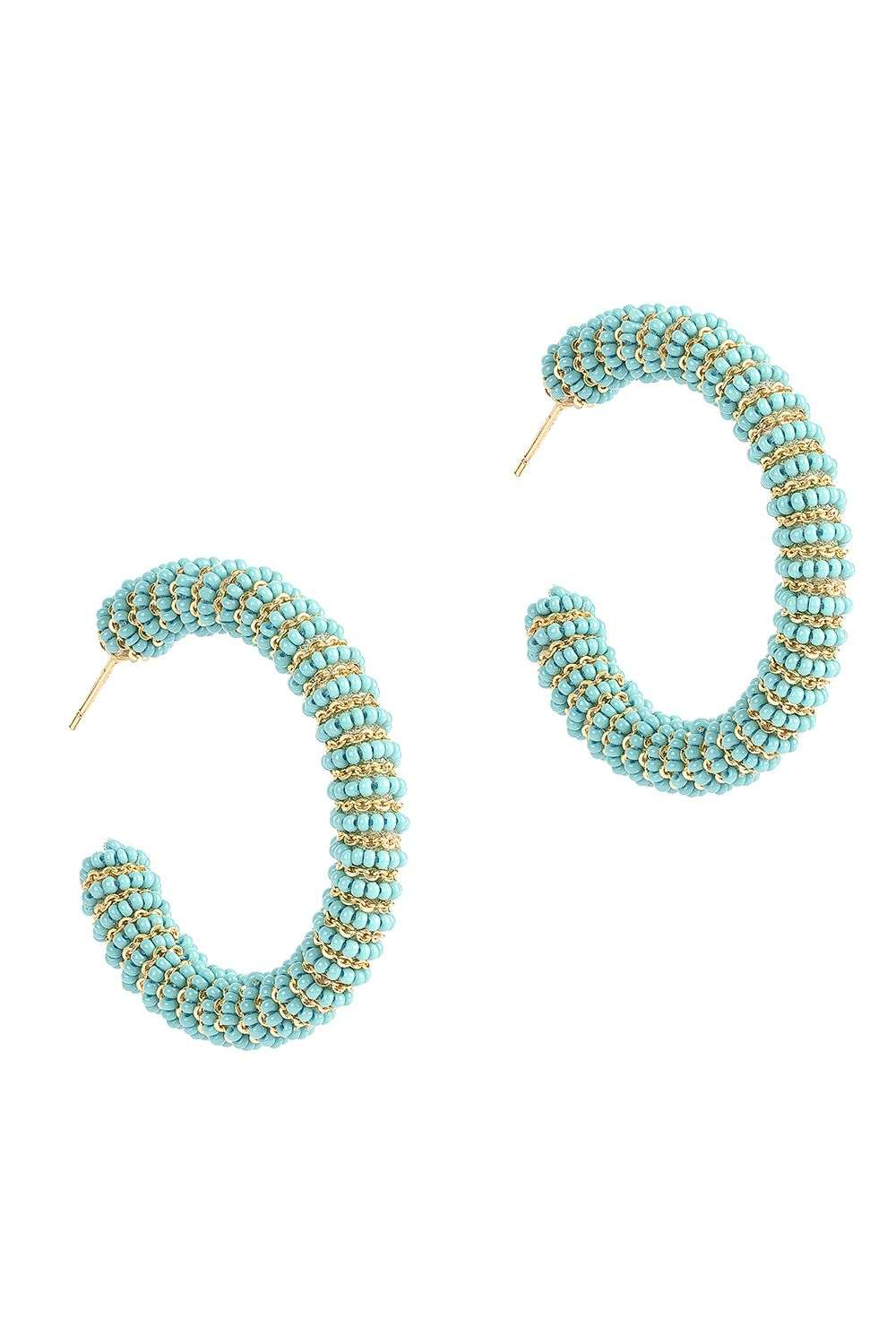 Buy Turquoise Glass Beaded Semi Hoop Earrings -Designer Wear