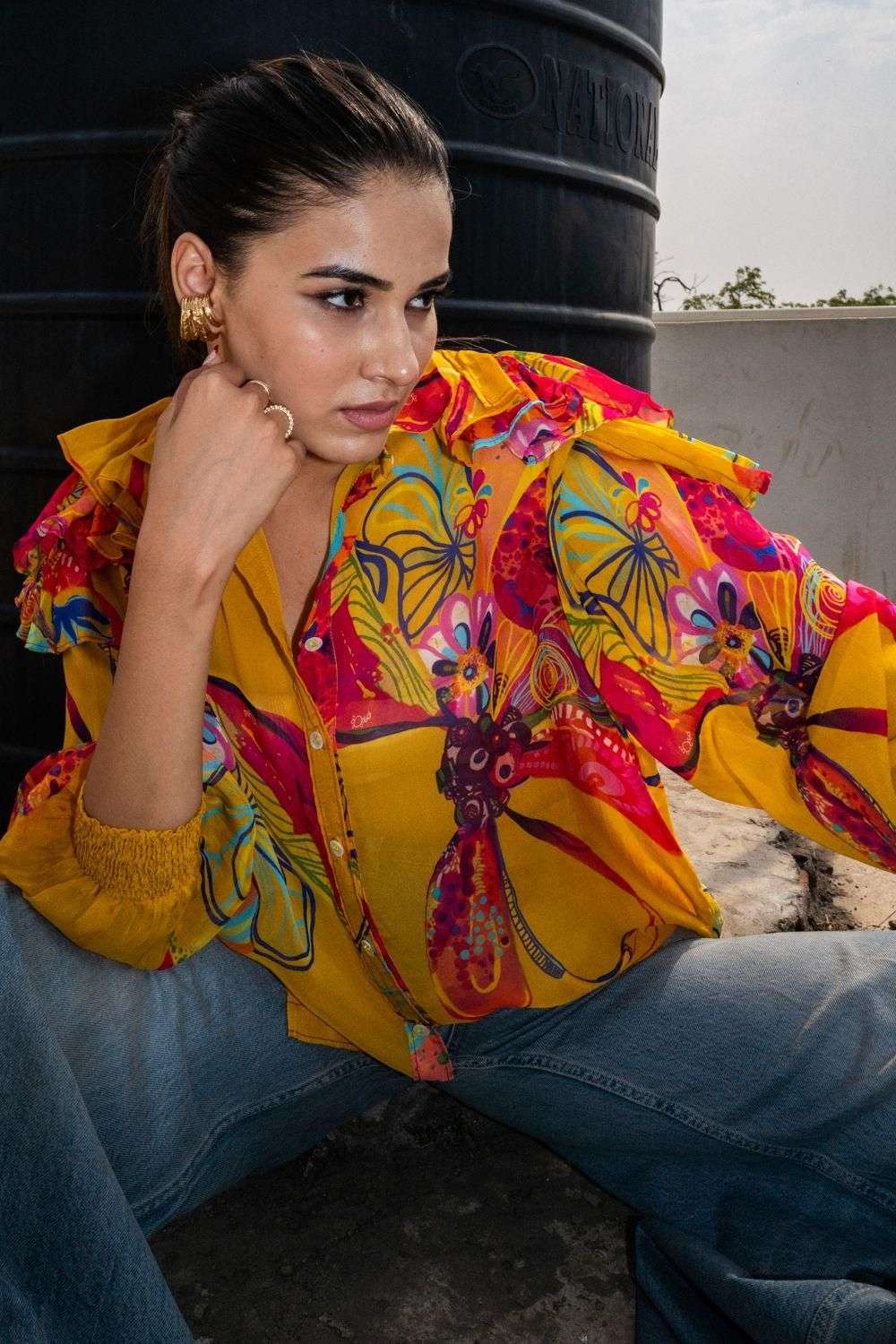 Buy Pooja Keyur Soft Yellow Organza Tops