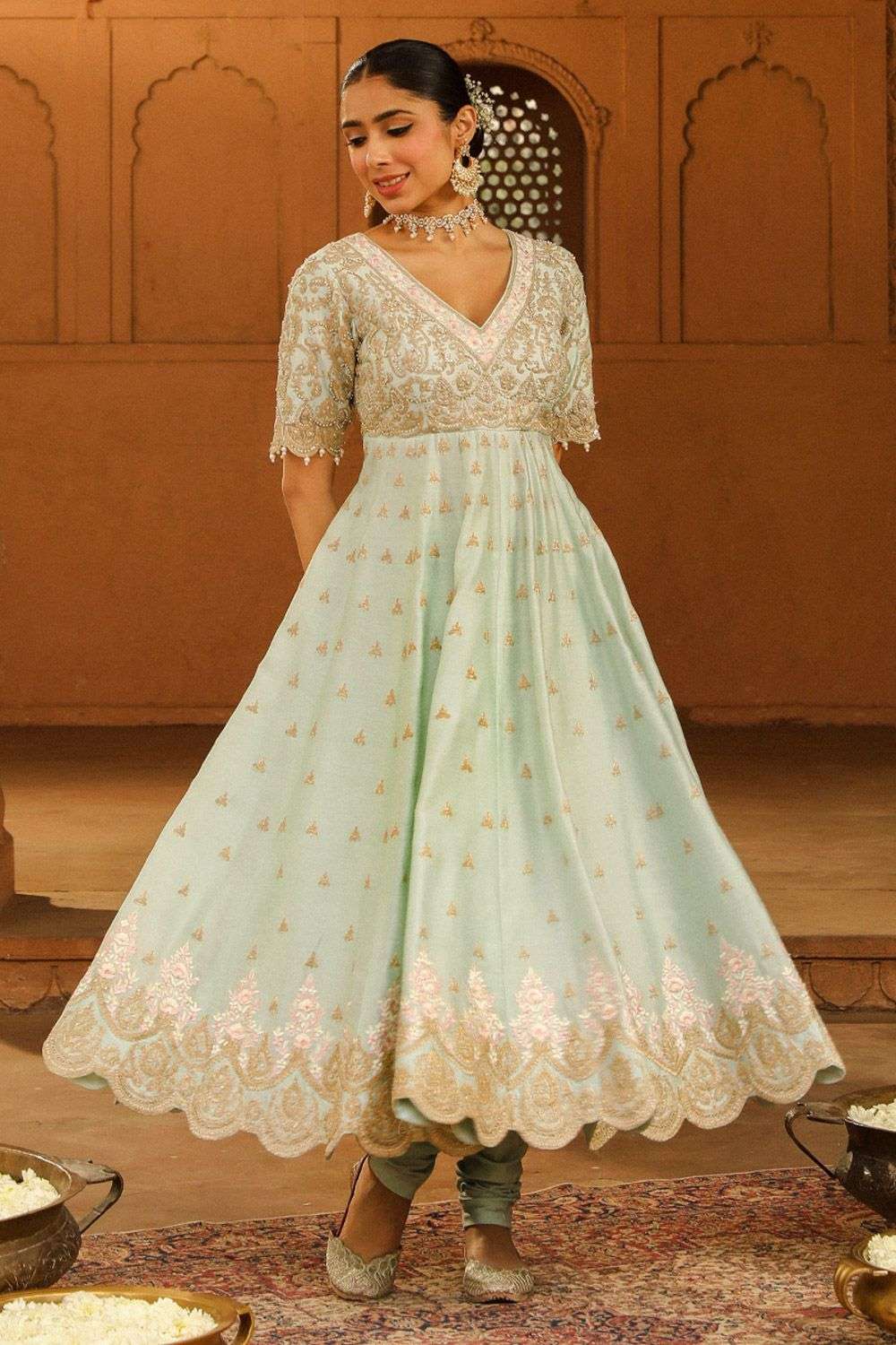 Buy Sheetal Batra Soft Green Kurta Silk Chanderi; Bottom