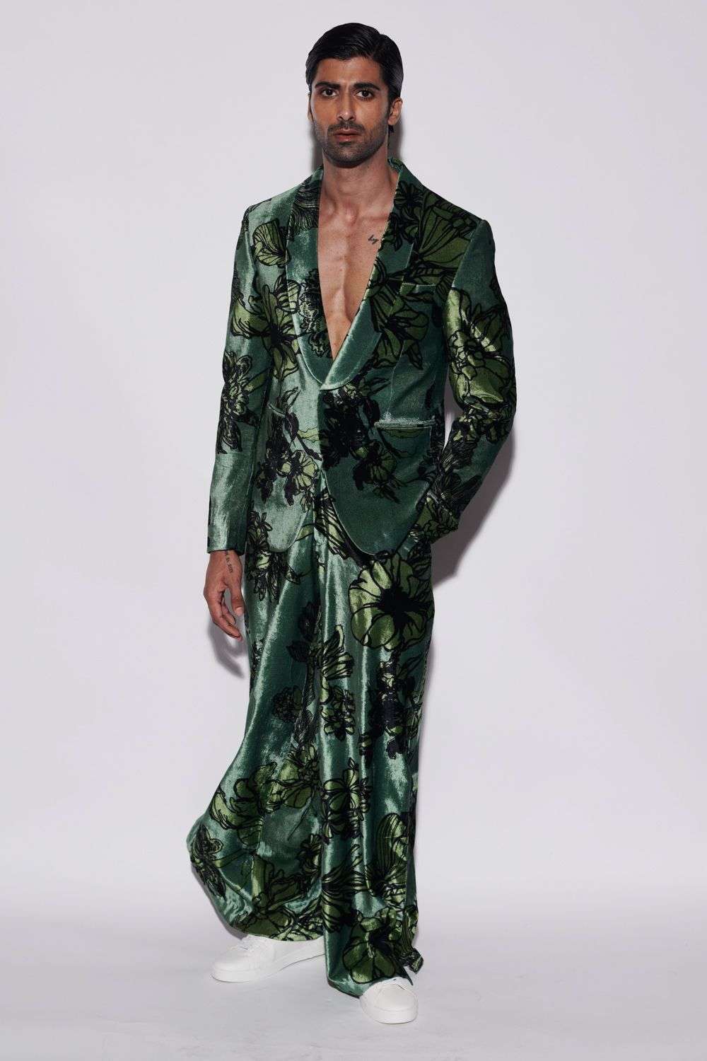 Sage Green Printed Velvet Suit