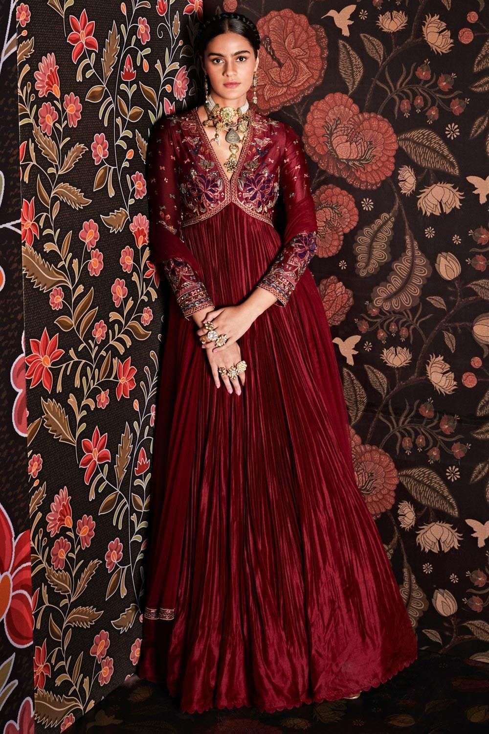 Buy Ridhi Mehra Soft Burgundy Anarkali- Silk, Dupatta- Net