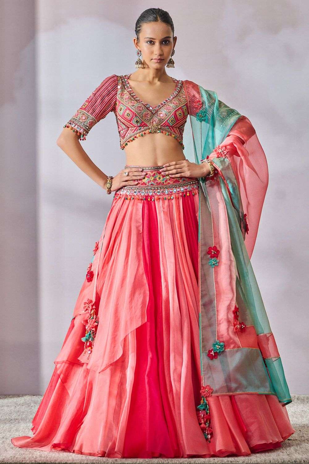 Multicolour Shot Organza Phulkari Lehenga Set