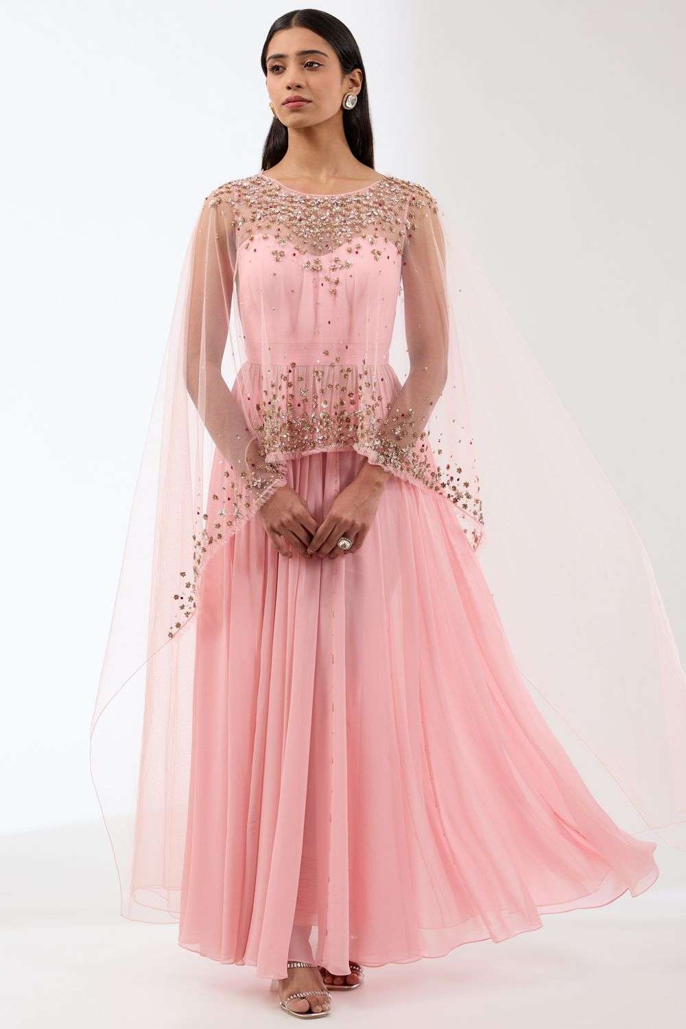 Cape Dress Cape Anarkalis Pink Hand Embroidered Anarkali With Cape