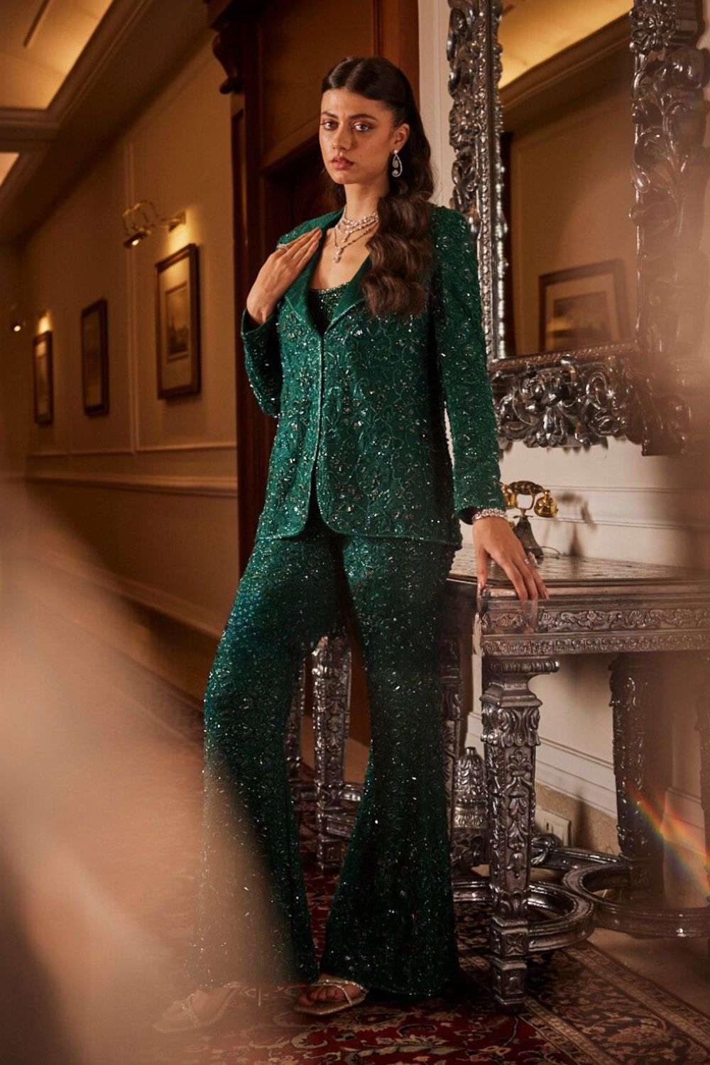 Buy Shobhika Bhandari Soft Green Organza, Georgette Crystal work Buy Shobhika Bhandari Soft Green Organza, Georgette Crystal work