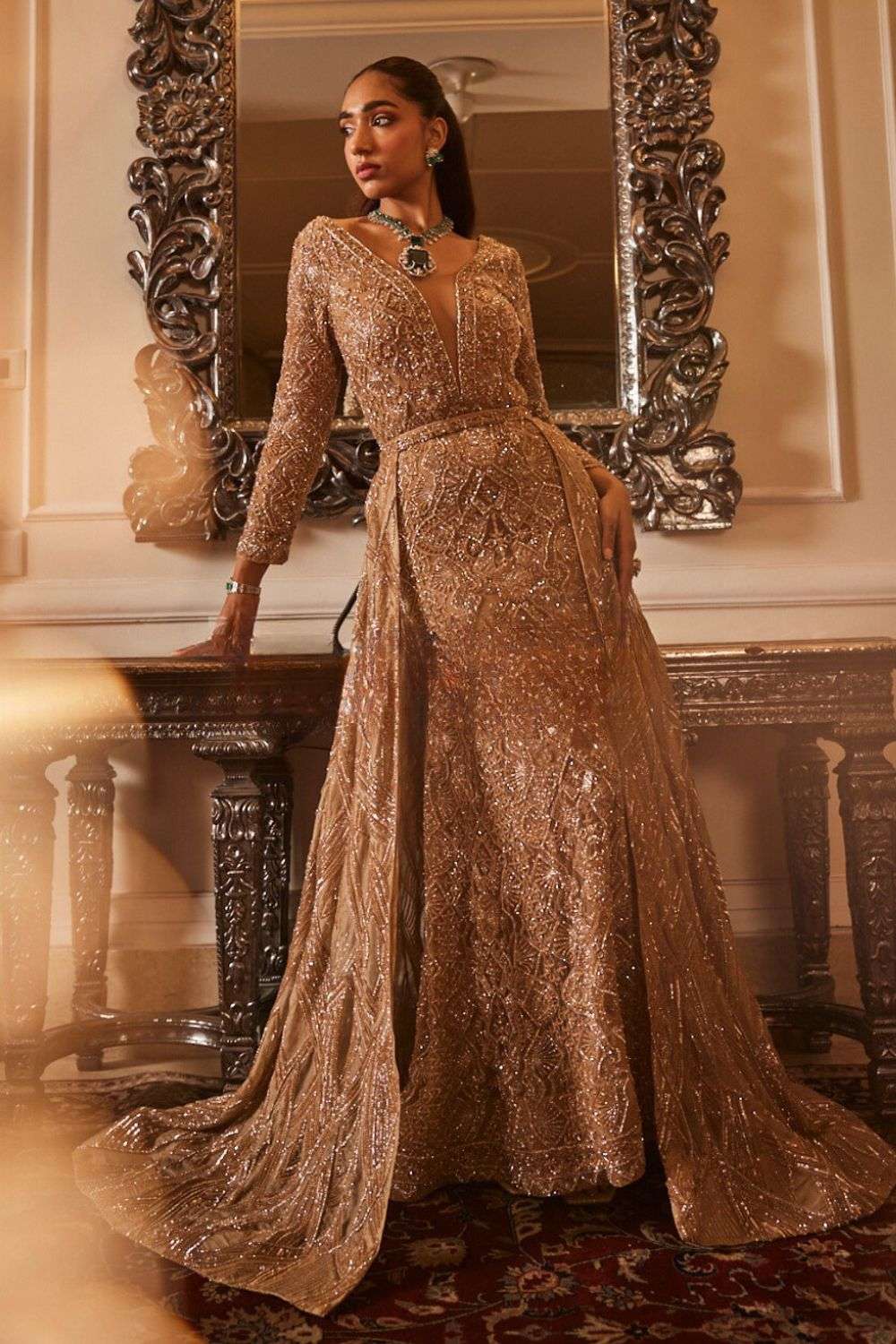 Champagne Net Crystallized Gown With Trail