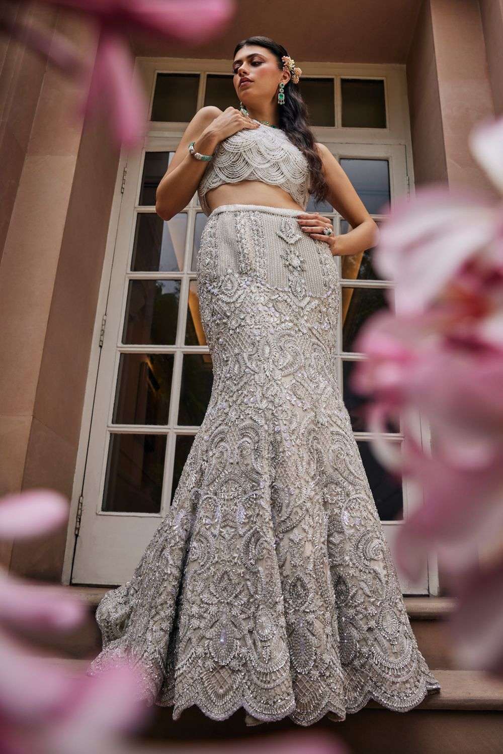 Silver Net Embroidered Fish-Cut Lehenga Blouse Set