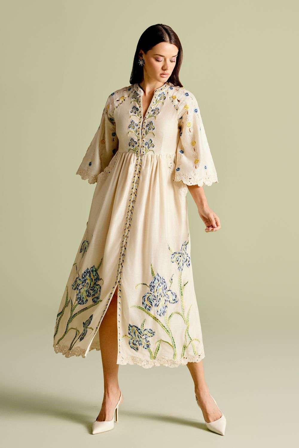 Ivory Iris Mosaic Threadwork Midi Dress