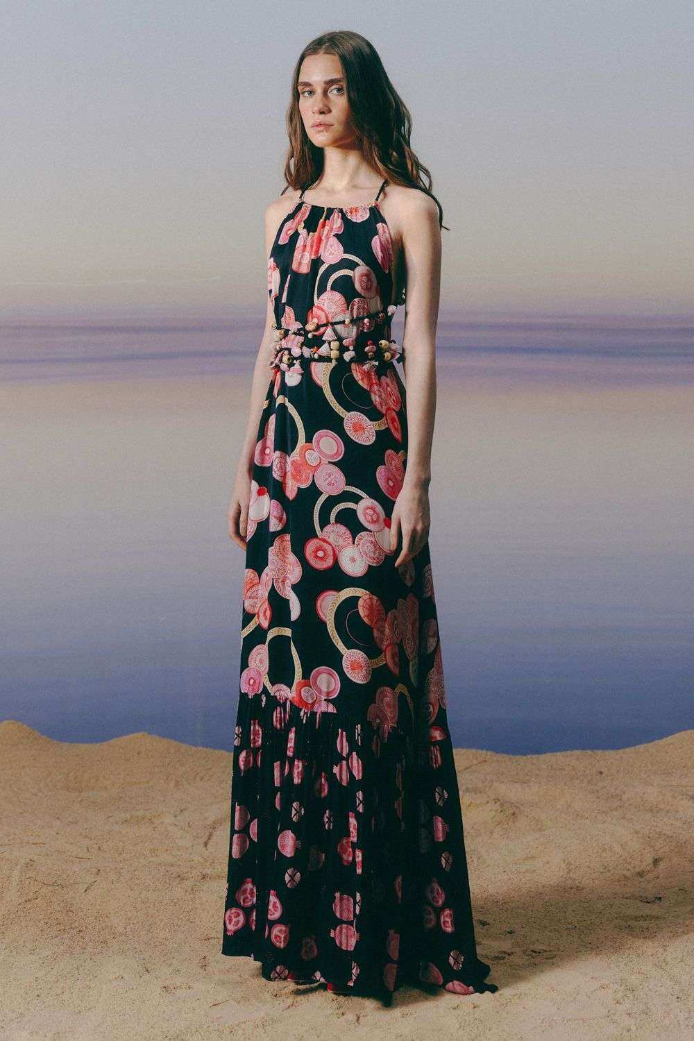 Black Cotton Satin Pomegranate Maxi Dress