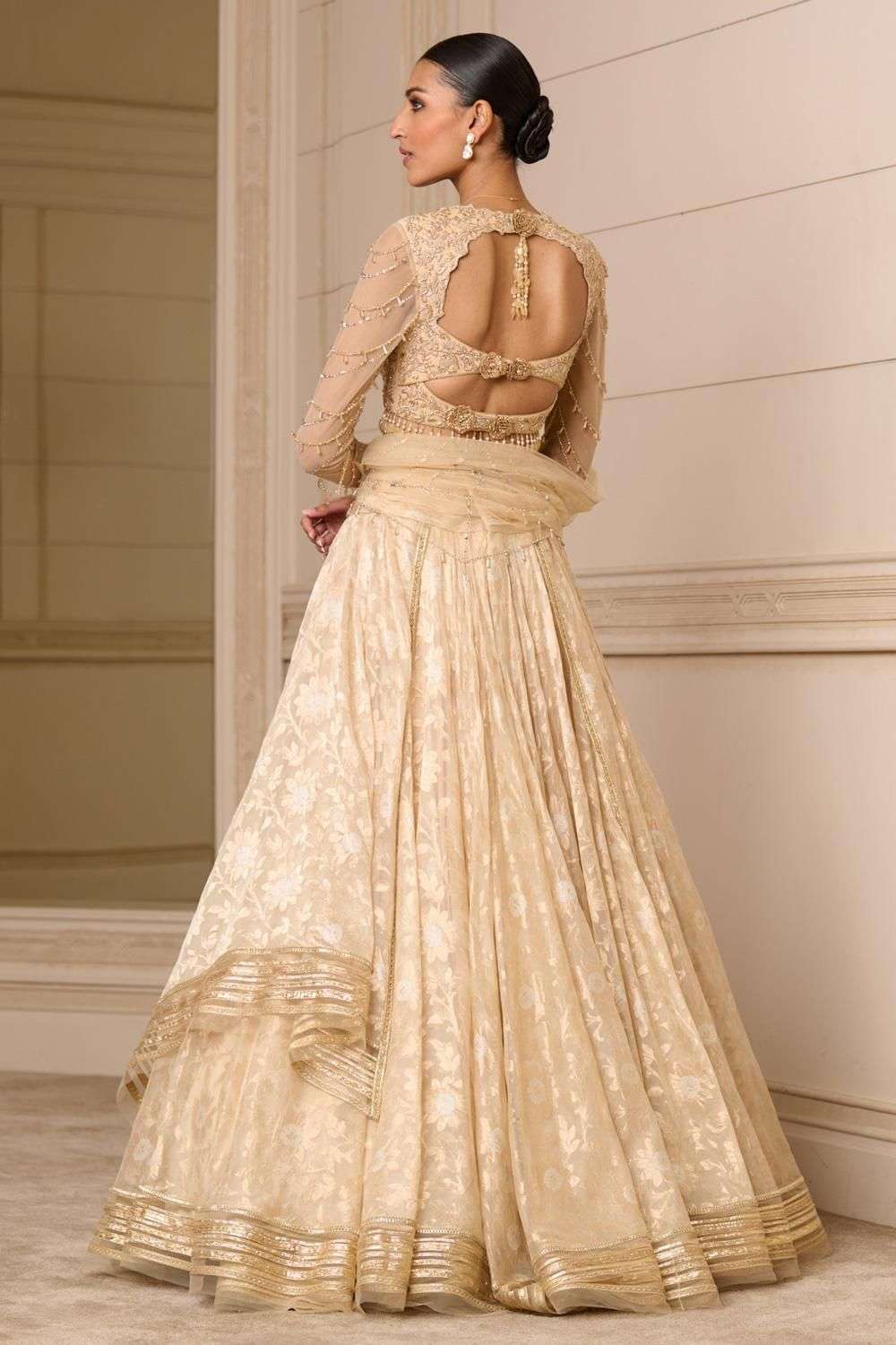 Buy Tarun Tahiliani Soft Gold Georgette, Tulle Lehengas