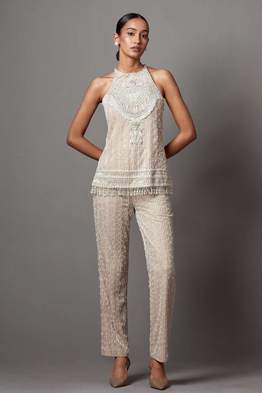 Buy Mala and Kinnary Soft Ivory Net Pearls, Sequins & Crystals