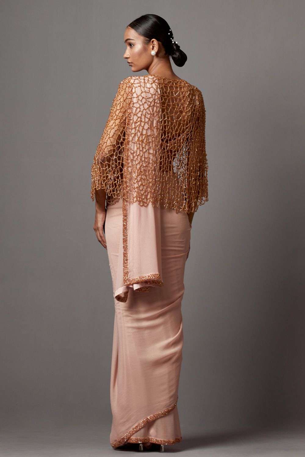 Radiant pink pearl sequin adorned cape set