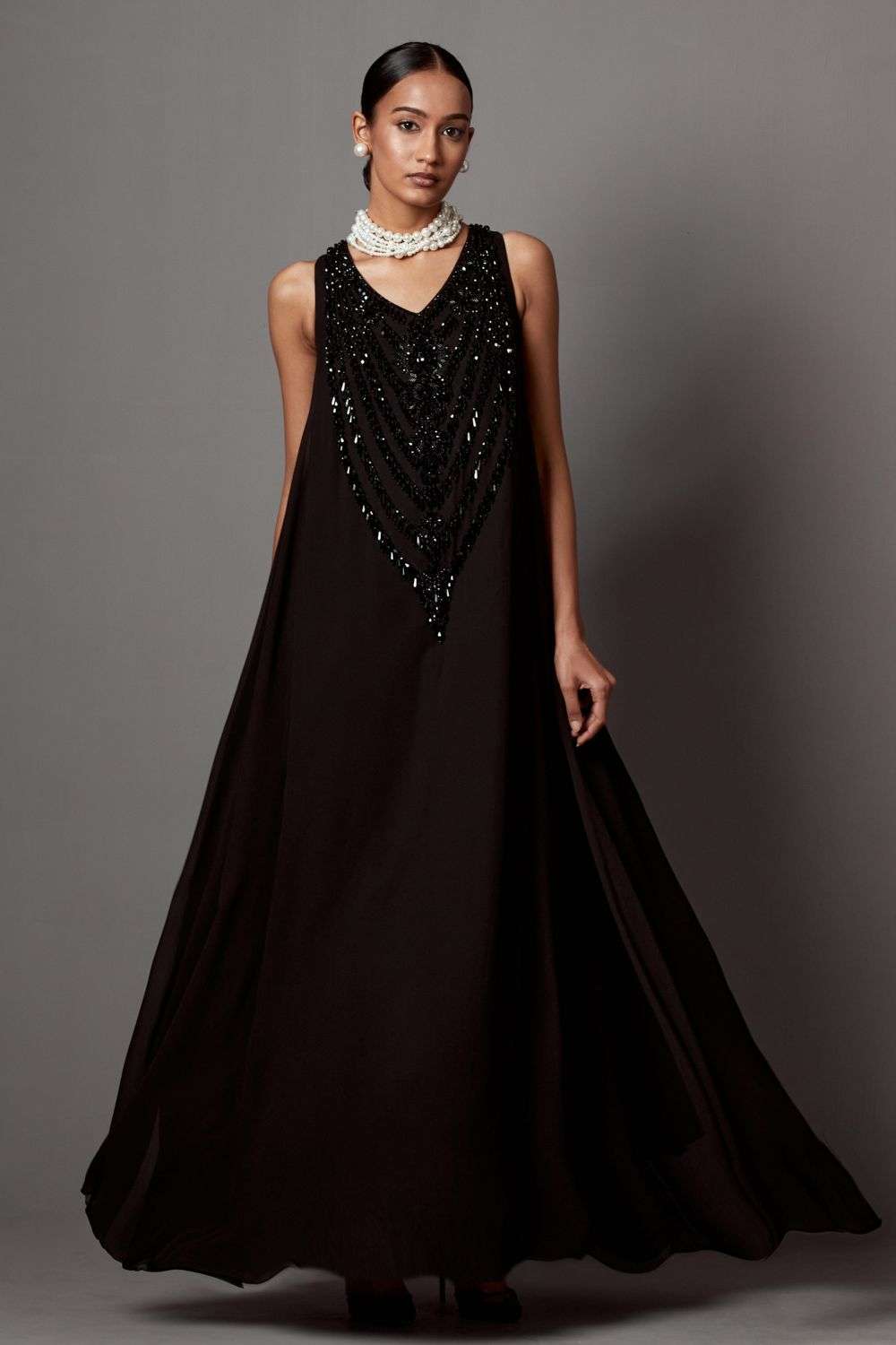 Long Frock Jewellery Set Buy Mala And Kinnary Soft Black Georgette