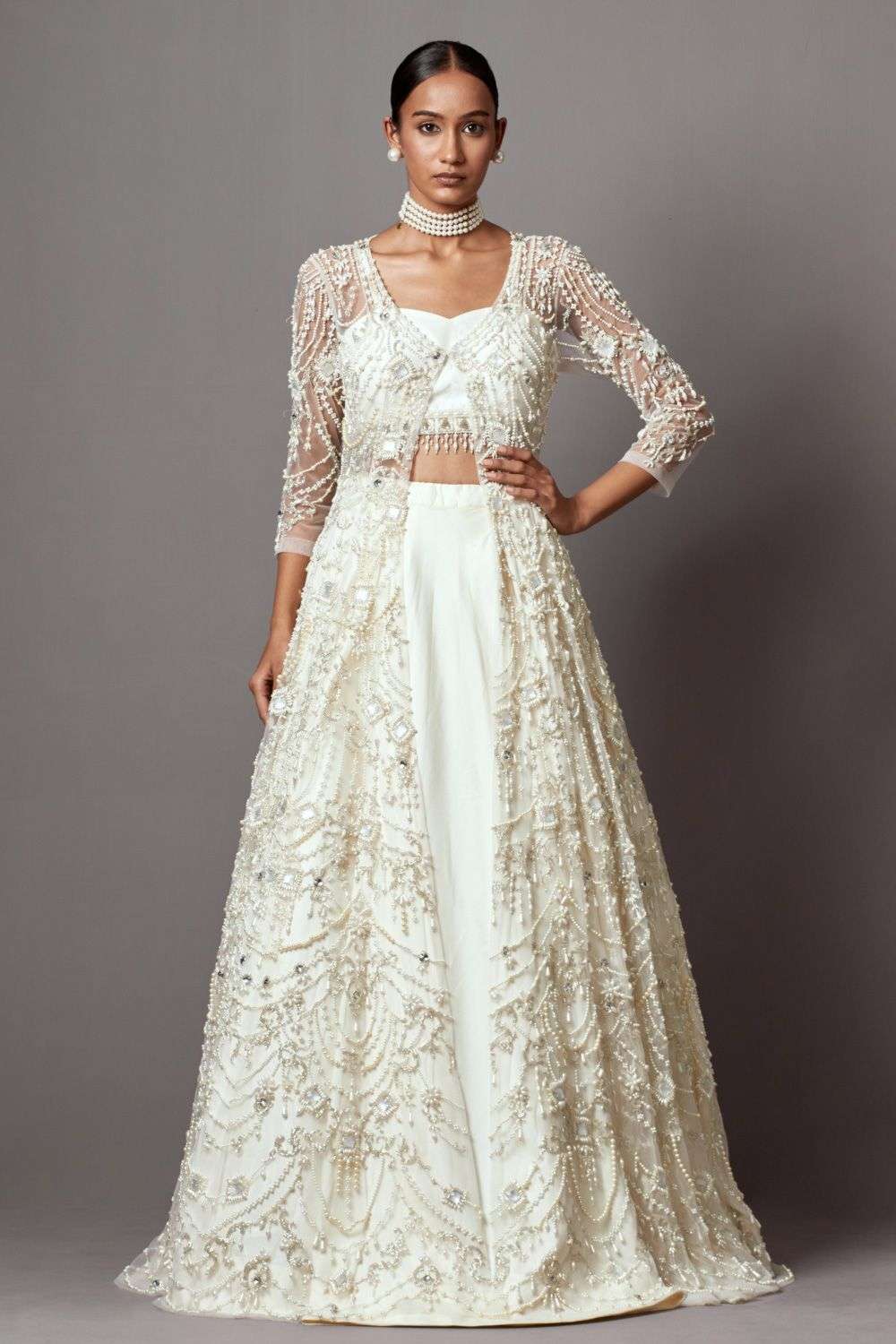 Sterling white pearl sequin adorned jacket set