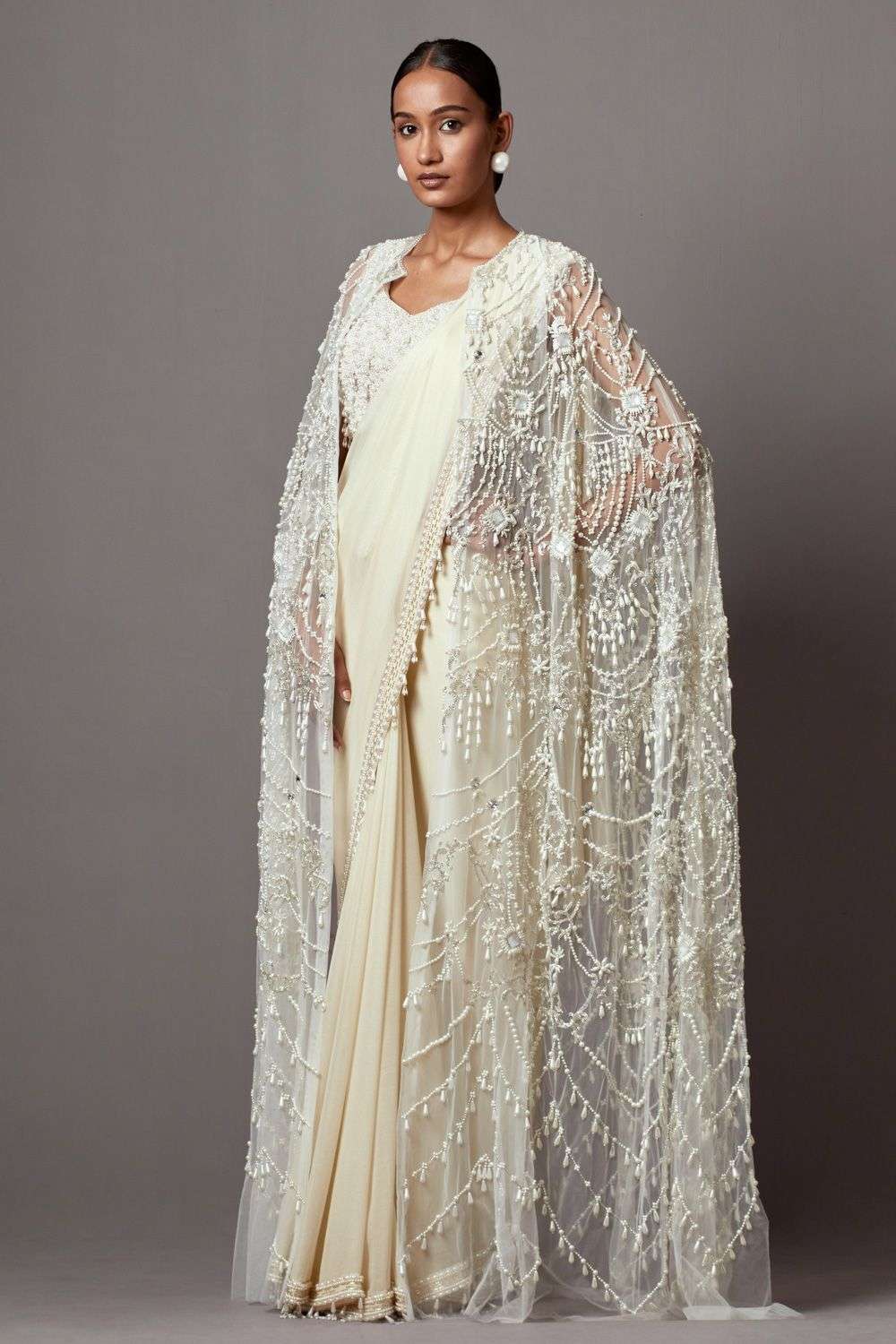Buy Mala and Kinnary Soft Ivory Georgette , Net Pearls, Sequins