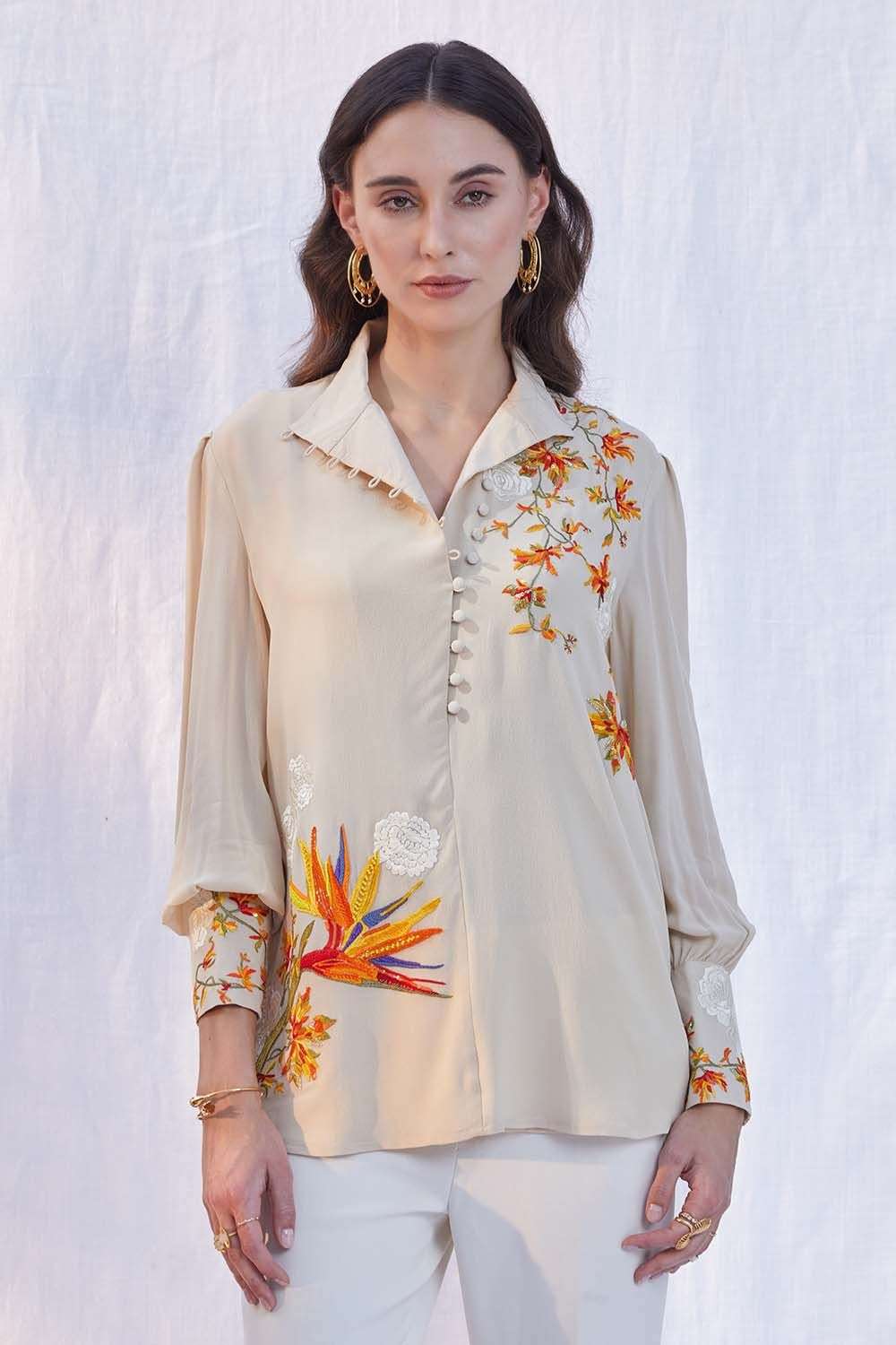 Hand embroidered beige shirt