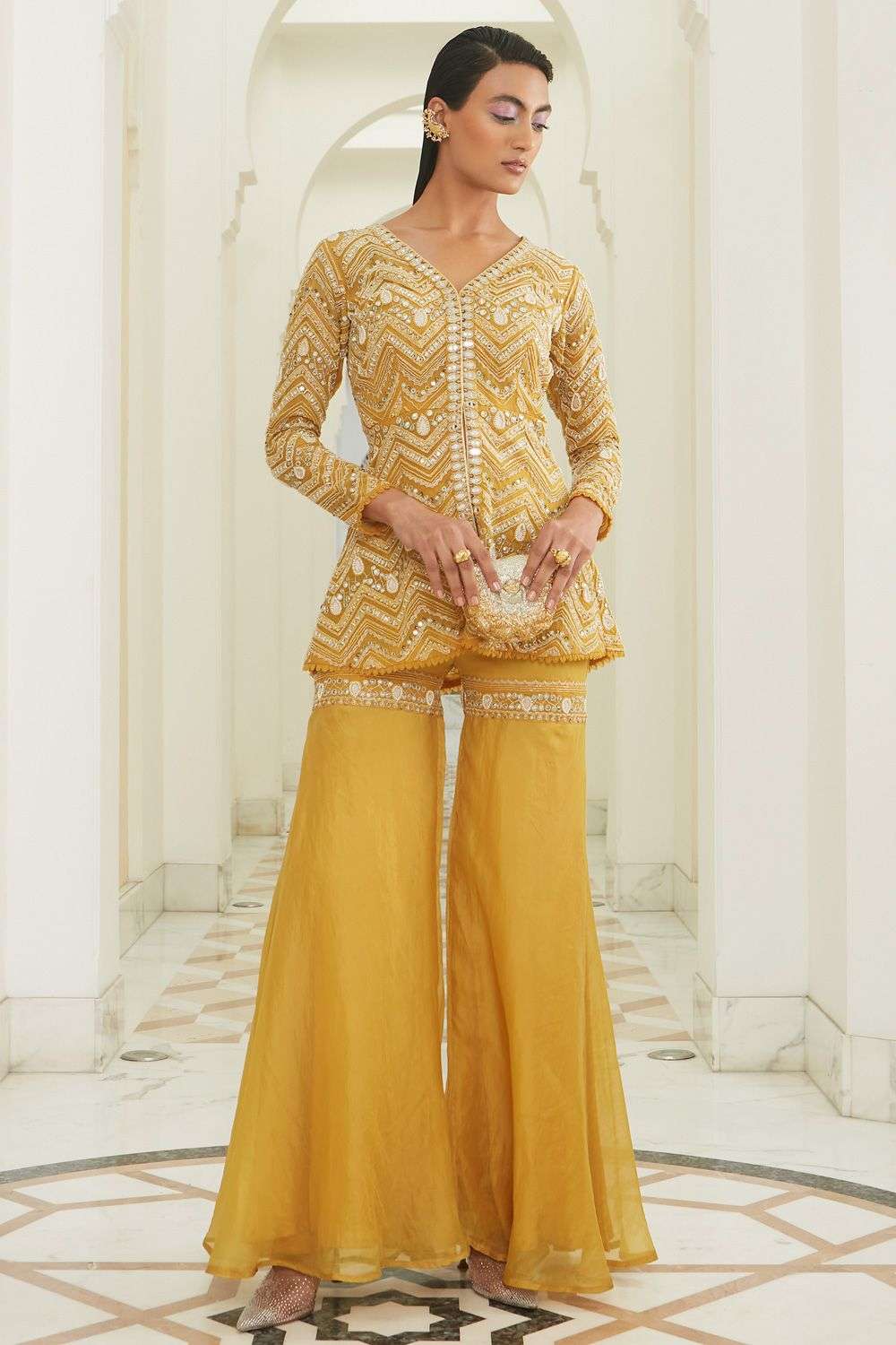 Buy Ridhima Bhasin Soft Yellow Organza Hand embroidered Sharara Sets - Main Image