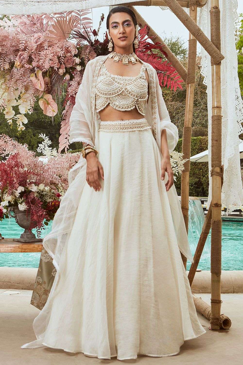 Ivory pearl embroidered lehenga set