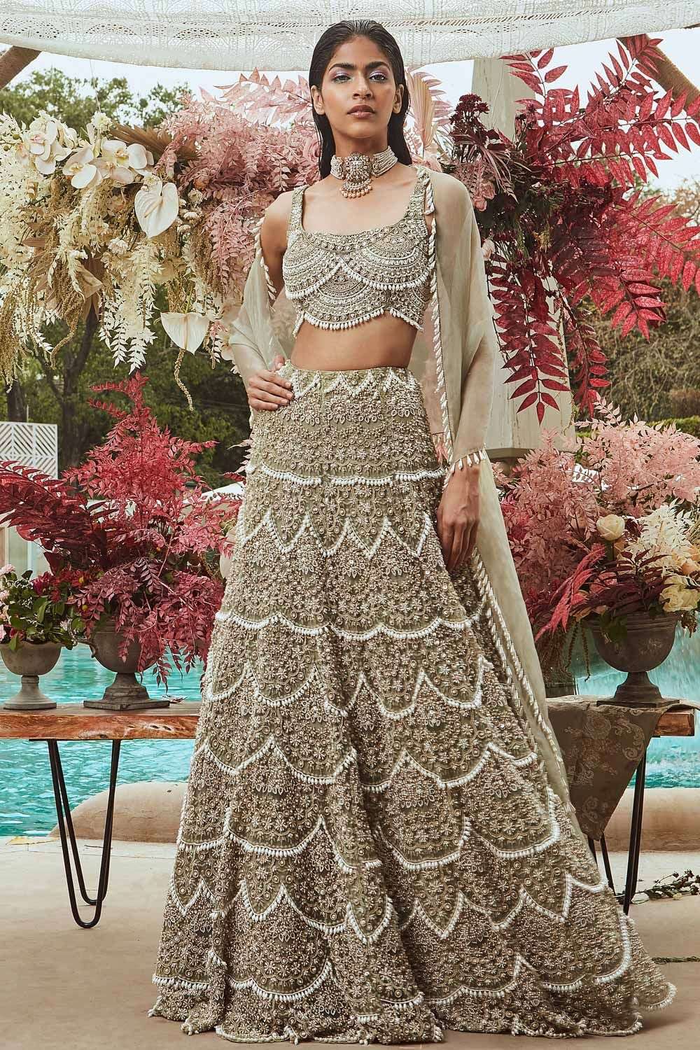 Buy Ridhima Bhasin Soft Green Tulle, organza Hand embroidered Lehengas