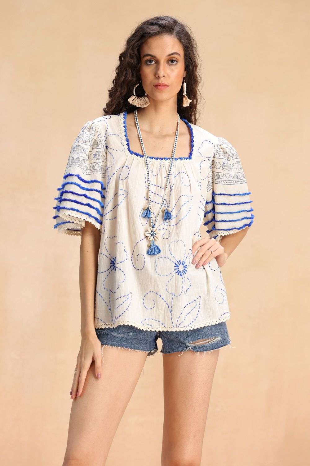 Ecru Cotton Square-Neck Loose-Sleeve Blouse