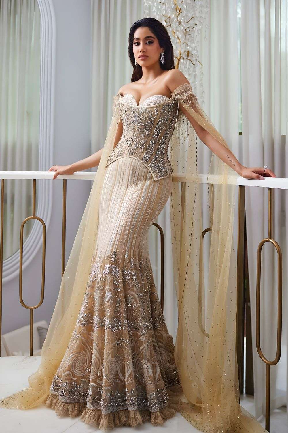 Buy Tarun Tahiliani Soft Ecru Tulle Silk Crystals, Pearls And