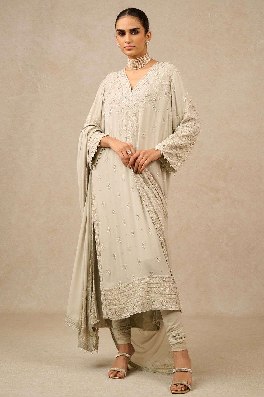 Silver hand done chikankari work kurta set