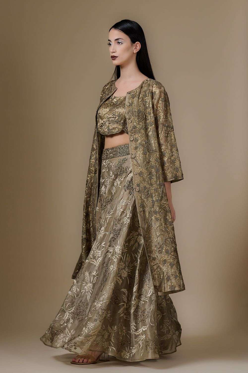 Buy Peachoo Soft Brown Silk Organza Embroidered Lehengas