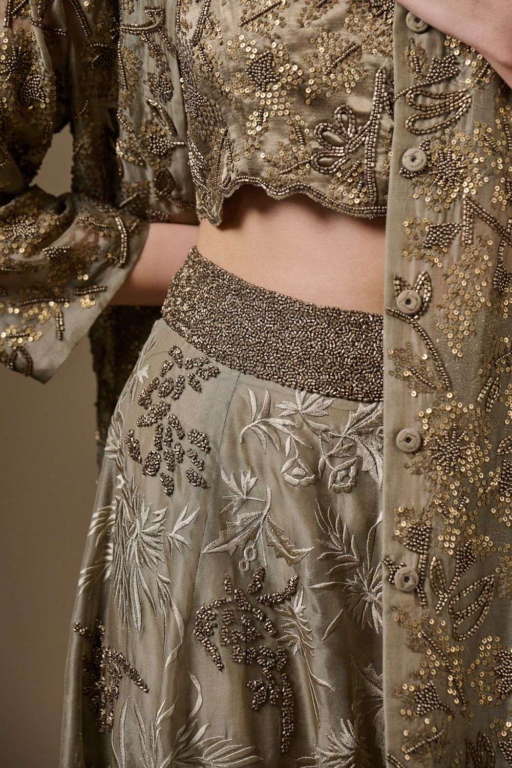 Buy Peachoo Soft Brown Silk Organza Embroidered Lehengas
