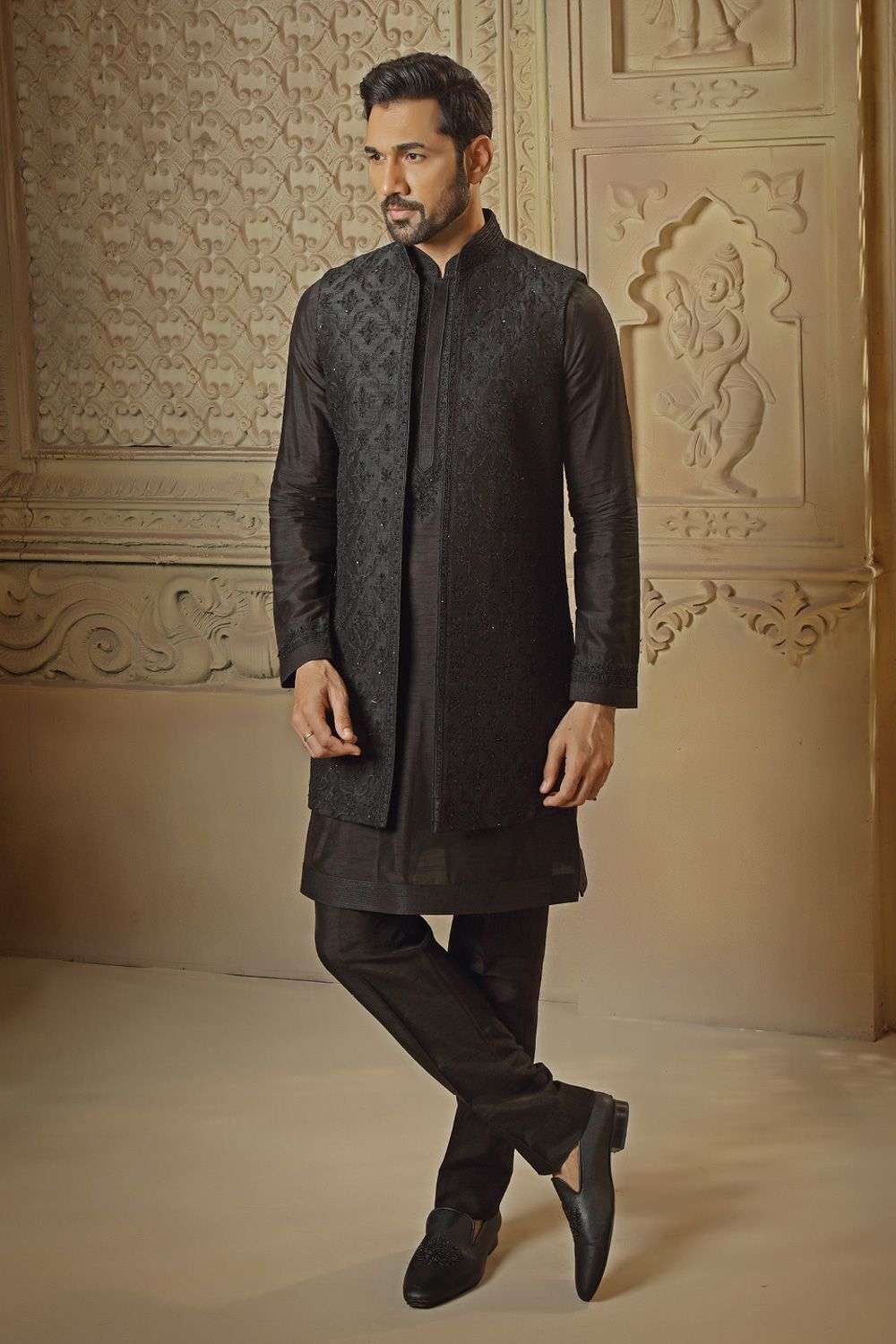 Black Shiny Silk Blend Open Jacket Kurta Set