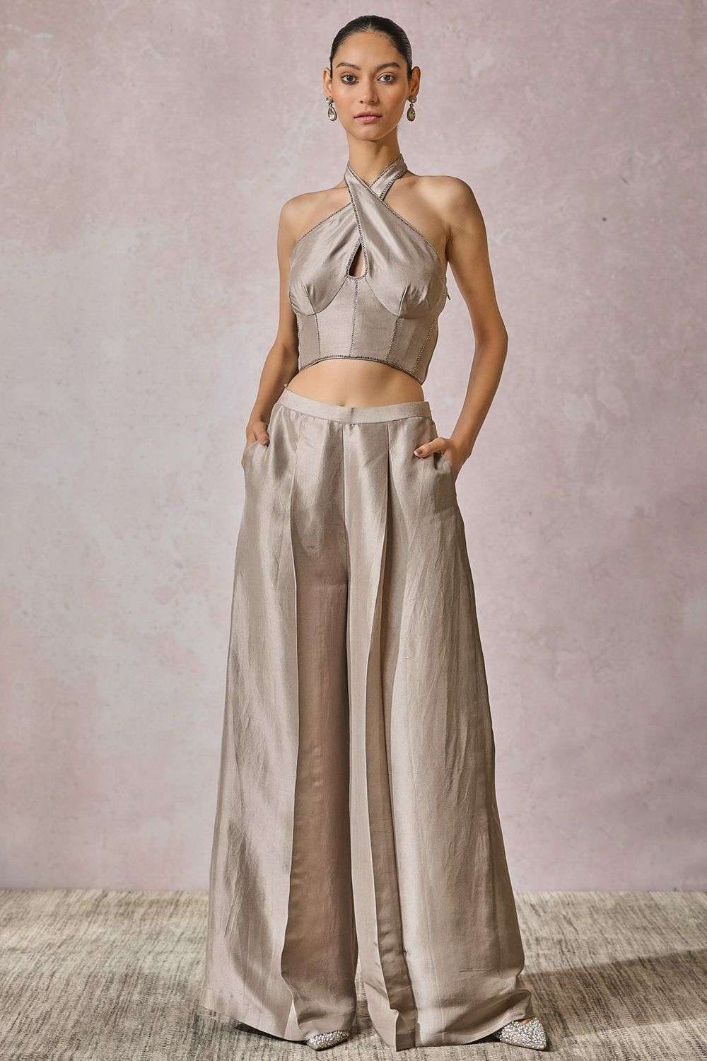Buy Tarun Tahiliani Soft Silver Corset : Tulle/Trousers : silk