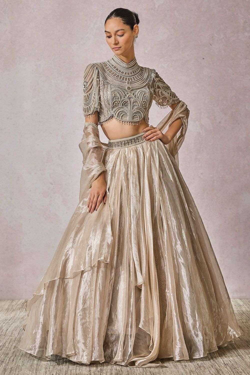 Buy Tarun Tahiliani Soft Silver Blouse Tulle/Drape Silk Tissue