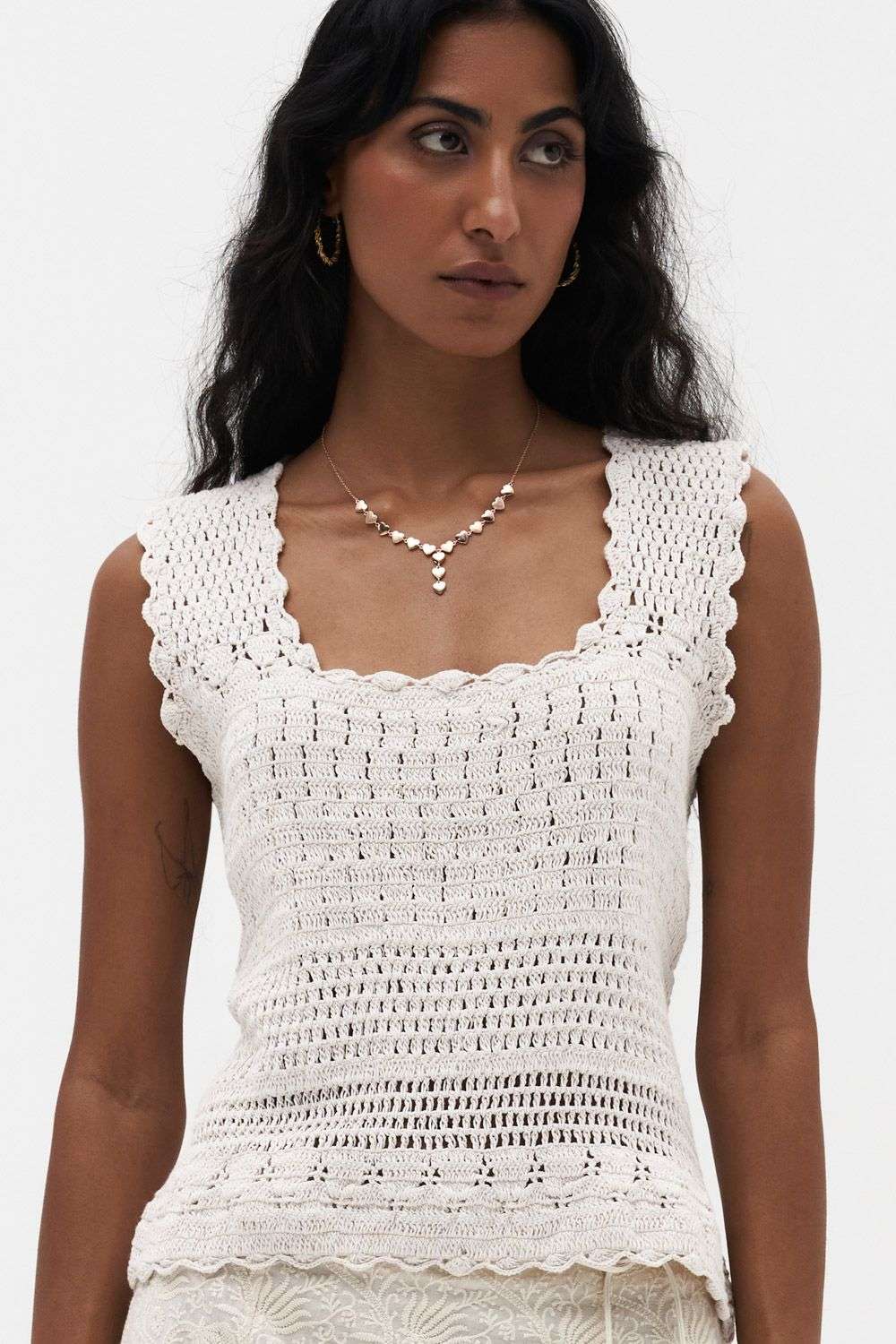 即日発送Angel crochet hood topsアイボリー Crochet frill knit tops