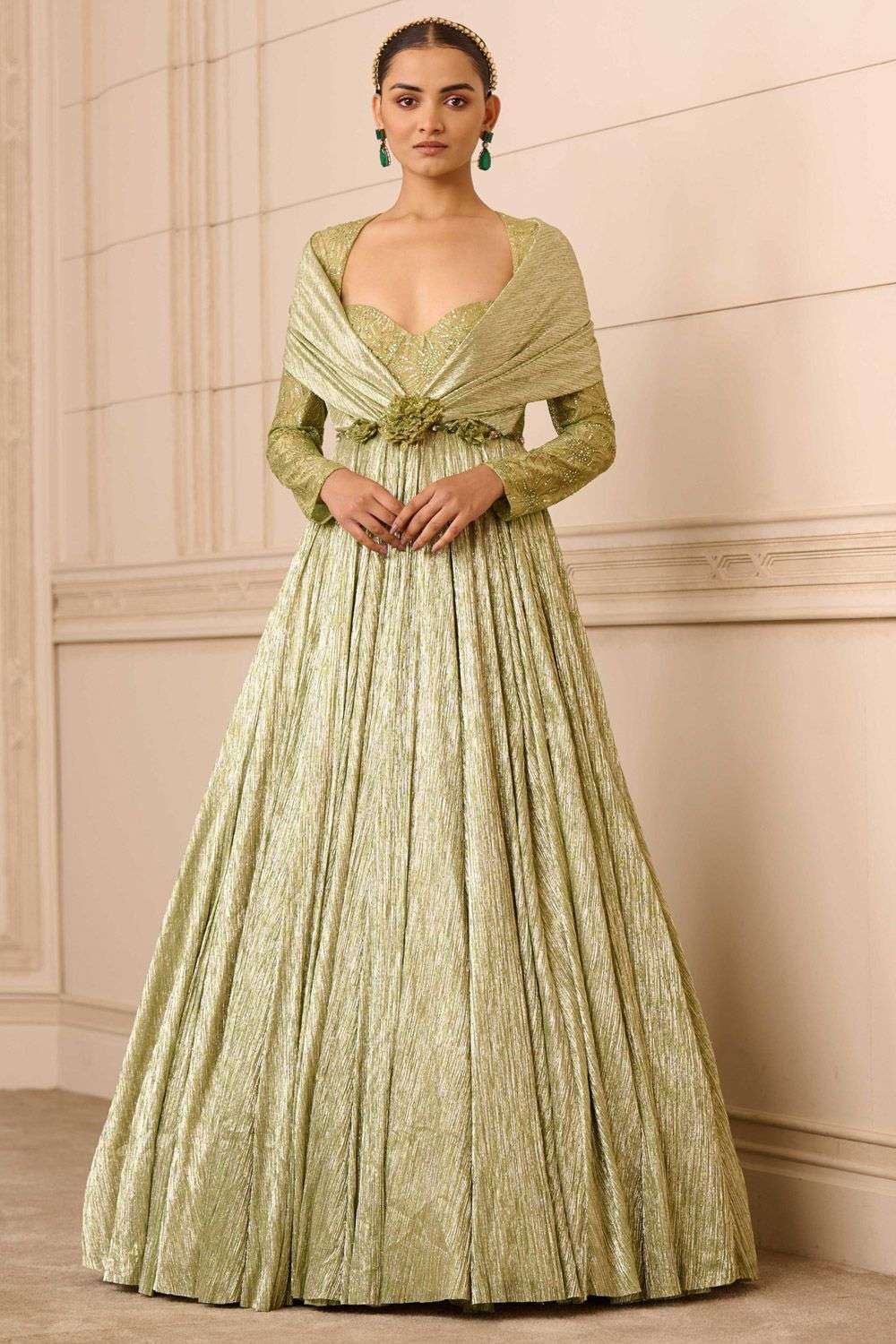 Buy Tarun Tahiliani Soft Green Crinkle Tulle, Lace fabric Gowns
