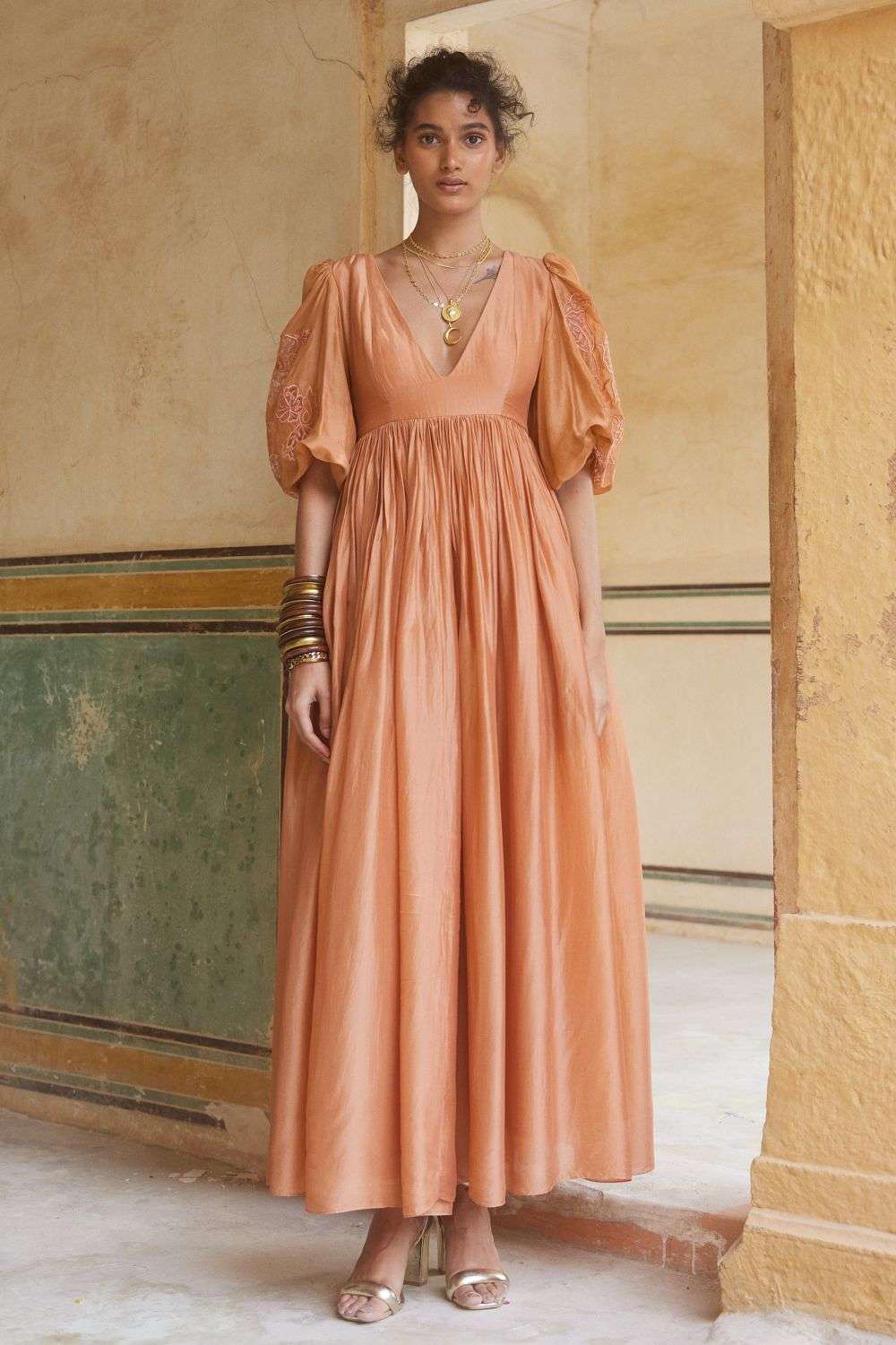 Buy Paulmi Harsh Soft Peach Silk Organza Dresses