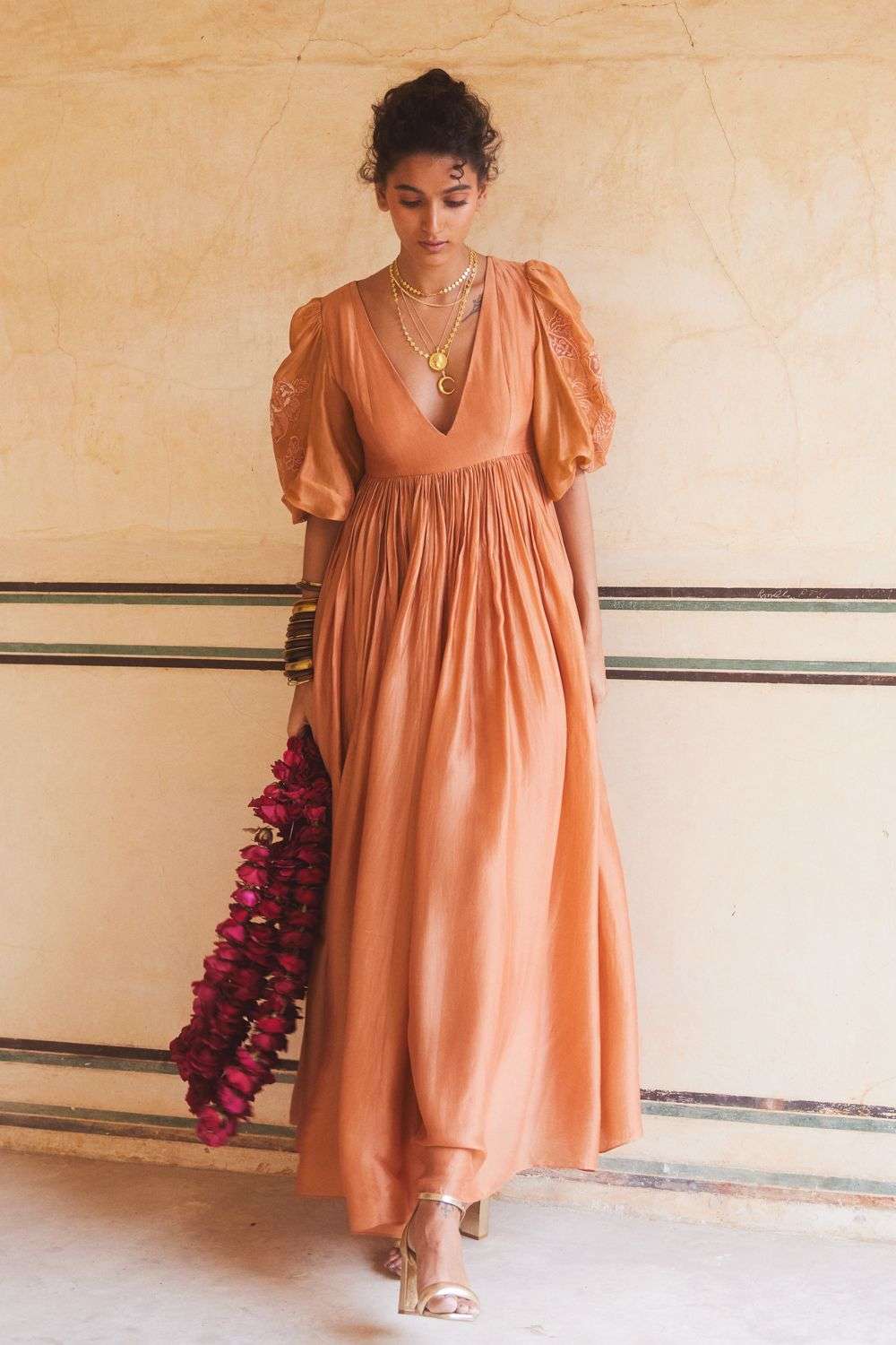 Buy Paulmi Harsh Soft Peach Silk Organza Dresses