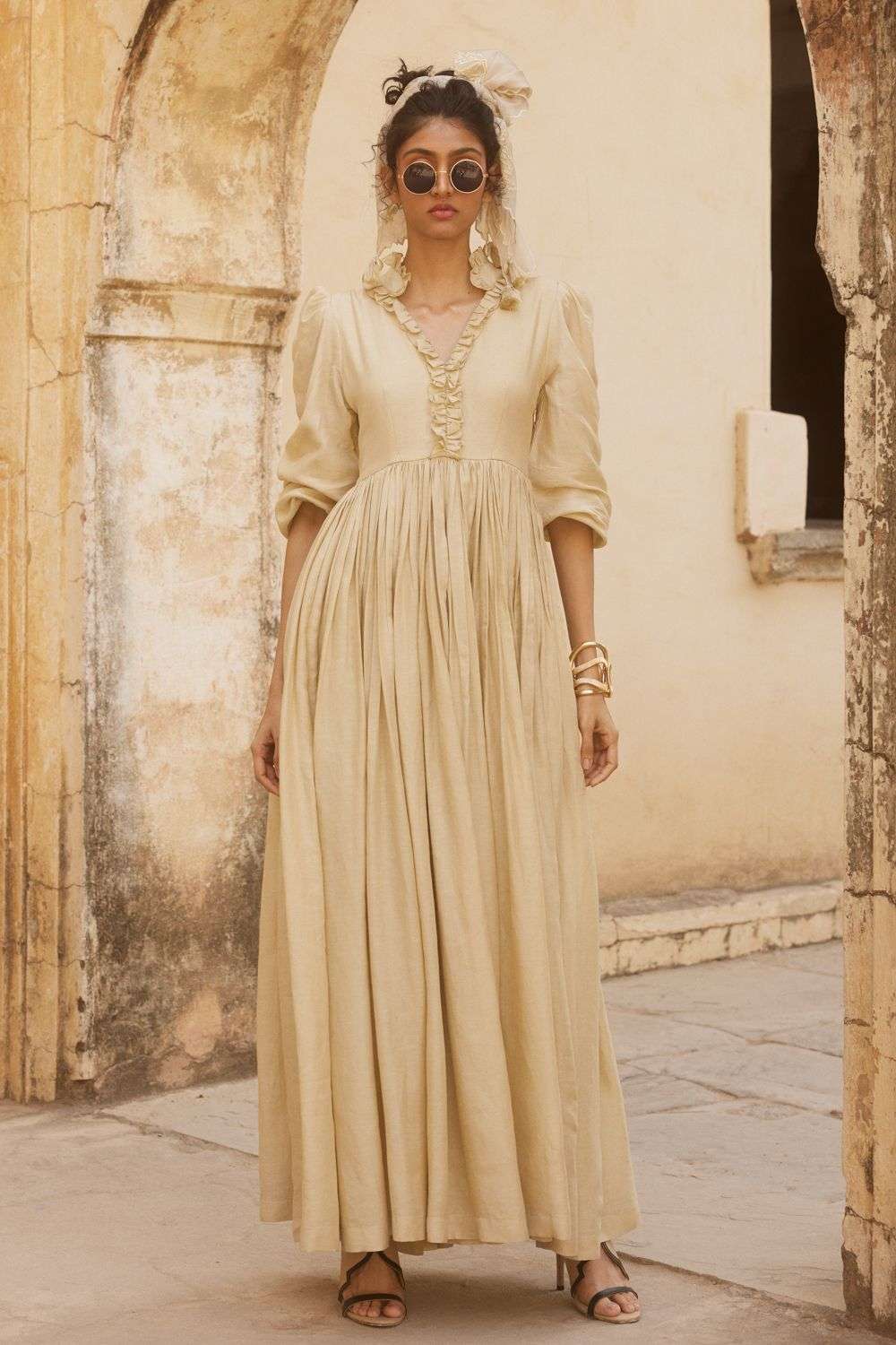 Beige Linen 60 Maxi Dress With Scarf