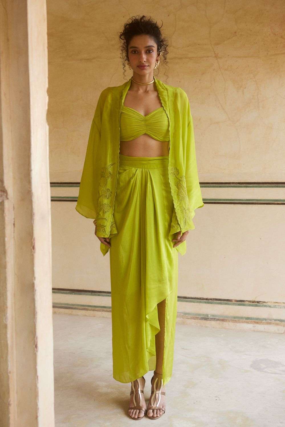 Lime Yellow Silk Organza Jacket Set