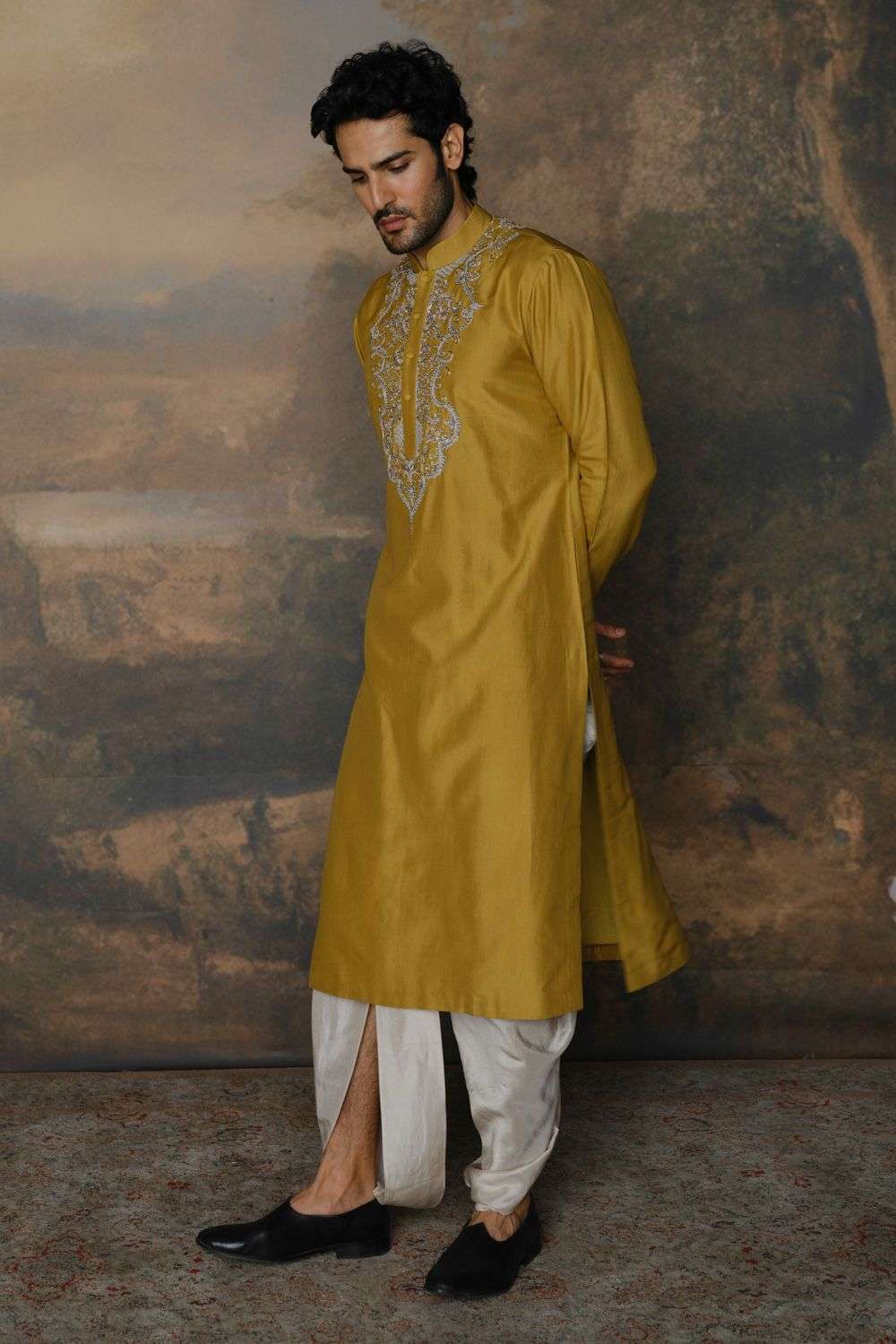 Buy Jayanti Reddy Men Soft Yellow Silk Zardozi Kurtas