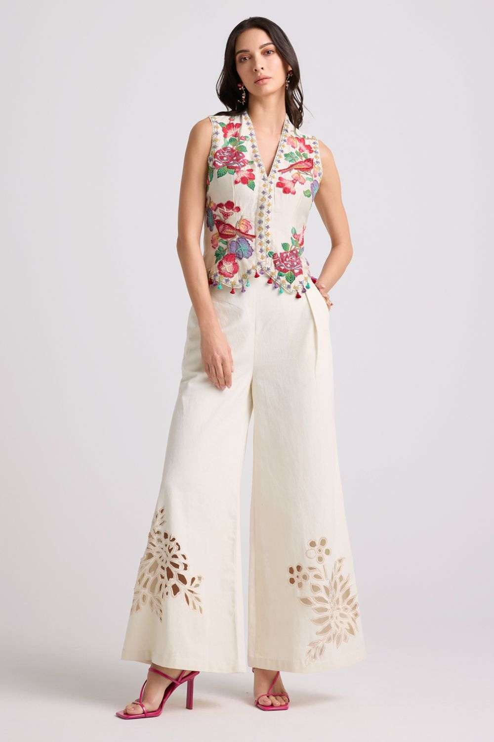 Ivory cutwork flared cotton twill pants - Main Image